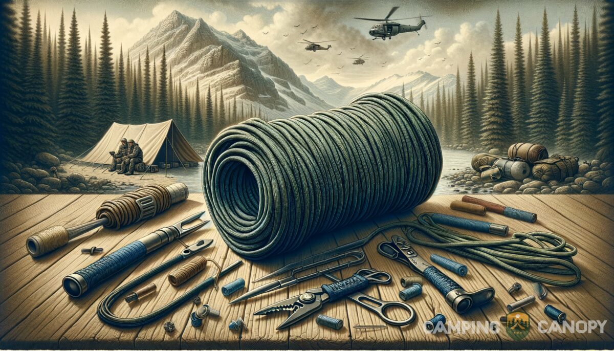 Featured image for a blog post called what is 550 cord unraveling the uses and benefits of this essential survival toolprompt create a wide screen fully horizontal image for this topic realistic digital illustration but make is .