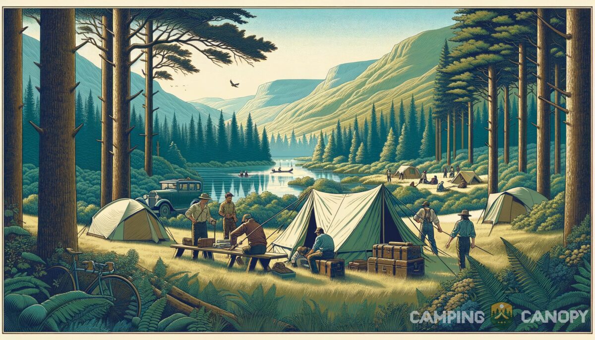 Featured image for a blog post called what is camping unveiling the adventure how does it connect you with nature prompt create a wide screen fully horizontal image for this topic realistic digital illustration but make is a w.