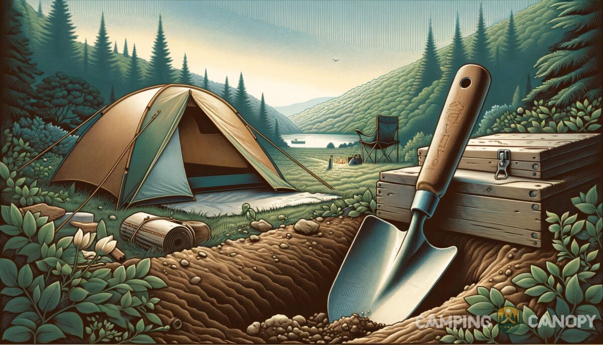 Featured image for a blog post called what is a trowel unearthing its uses in camping and gardeningprompt create a wide screen fully horizontal image for this topic realistic digital illustration but make is a wide lithographic .